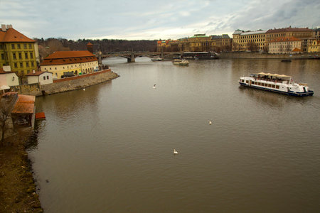 PRAGUE, CZECH REPUBLIC, 30 DECEMBER 2018.  View of the Vltava river in Prague, Czech Republic.のeditorial素材