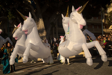 MENTON, FRANCE, 24 FEBRUARY 2019. The traditional carnival parade on the Lemons Festival in Menton, France.のeditorial素材