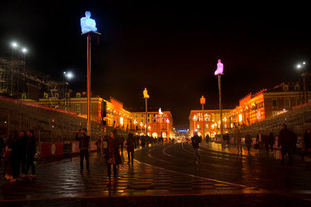 NICE, FRANCE, 23 FEBRUARY 2019. A festively decorated street in Nice during the carnival, France.のeditorial素材