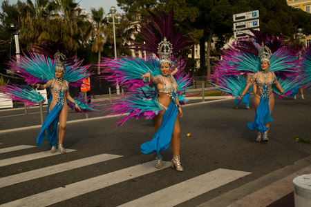NICE, FRANCE, 23 FEBRUARY 2019. The traditional carnival parade of carnival masks in Nice, France.のeditorial素材