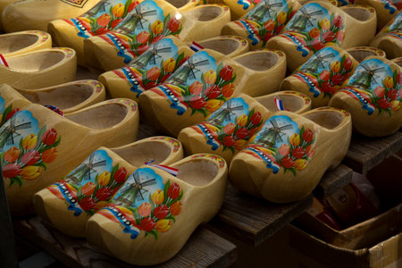ALKMAAR, HOLLAND, THE NETHERLANDS, 30 AUGUST 2019. Traditional Dutch wooden shoes on the market in Alkmaar, the Netherlands.のeditorial素材