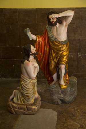 QUITO, ECUADOR, 18 JUNE 2019. Statue in the church by the Mitad del Mundo Monument in Quito,...
