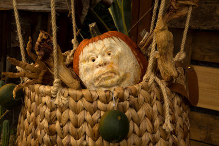 LUDWIGSBURG, GERMANY, 10 OCTOBER 2019. Figures made from a pumpkin in the park of the town of Ludwigsburg, Germany.のeditorial素材