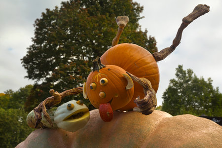 LUDWIGSBURG, GERMANY, 10 OCTOBER 2019. Figures made from a pumpkin in the park of the town of Ludwigsburg, Germany.のeditorial素材