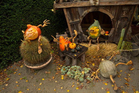 LUDWIGSBURG, GERMANY, 10 OCTOBER 2019. Figures made from a pumpkin in the park of the town of Ludwigsburg, Germany.のeditorial素材