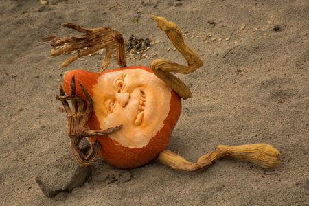 LUDWIGSBURG, GERMANY, 10 OCTOBER 2019. Figures made from a pumpkin in the park of the town of Ludwigsburg, Germany.のeditorial素材