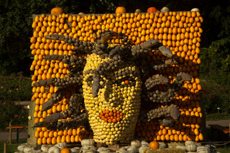 LUDWIGSBURG, GERMANY, 10 OCTOBER 2019. Figures made from a pumpkin in the park of the town of Ludwigsburg, Germany.のeditorial素材