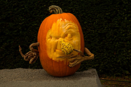 LUDWIGSBURG, GERMANY, 10 OCTOBER 2019. Figures made from a pumpkin in the park of the town of Ludwigsburg, Germany.のeditorial素材