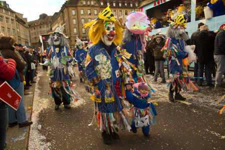 BASEL, SWITZERLAND, 11 MARCH 2019. The traditional carnival parade of carnival masks in Basel, Switzerland.のeditorial素材