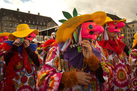 BASEL, SWITZERLAND, 11 MARCH 2019. The traditional carnival parade of carnival masks in Basel, Switzerland.のeditorial素材