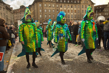 BASEL, SWITZERLAND, 11 MARCH 2019. The traditional carnival parade of carnival masks in Basel, Switzerland.のeditorial素材