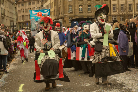 BASEL, SWITZERLAND, 11 MARCH 2019. The traditional carnival parade of carnival masks in Basel, Switzerland.のeditorial素材