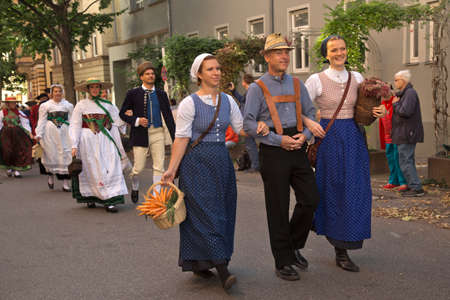 STUTTGART, GERMANY, 29 SEPTEMBER 2019. Volksfest in Stuttgart. The march through the city center.のeditorial素材