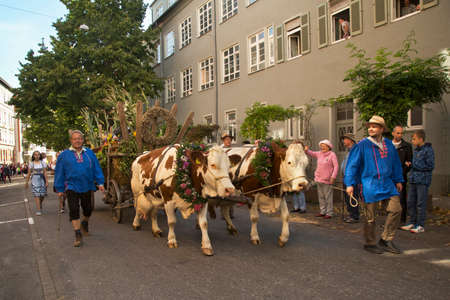 STUTTGART, GERMANY, 29 SEPTEMBER 2019. Volksfest in Stuttgart. The march through the city center.のeditorial素材