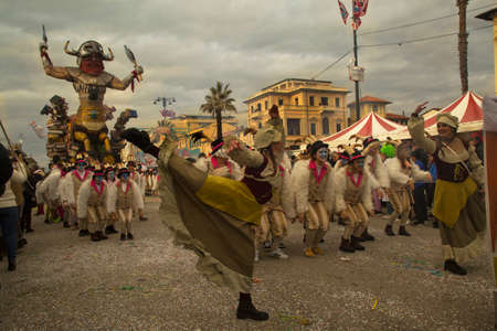 VIAREGGIO, ITALY. 23 FEBRUARY 2020. Traditional carnival procession in Viareggio, Italy.のeditorial素材