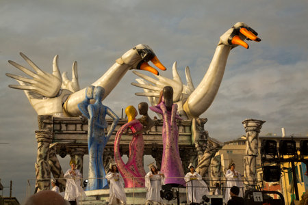 VIAREGGIO, ITALY. 23 FEBRUARY 2020. Traditional carnival procession in Viareggio, Italy.のeditorial素材