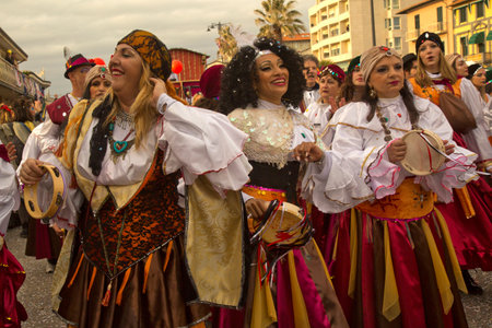 VIAREGGIO, ITALY. 23 FEBRUARY 2020. Traditional carnival procession in Viareggio, Italy.のeditorial素材