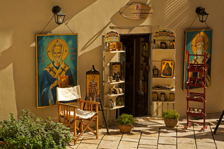 KERKYRA, CORFU ISLAND, GREECE. 17 OCTOBER 2021. Church shop with icons in Corfu, Kerkyra, Greece.のeditorial素材