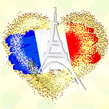 Flag of France on grunge heart with Eiffel tower.のイラスト素材