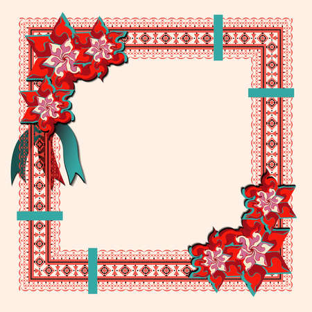 Folk style textile embroidery with flowers and place for text. Folk embroidery. Abstract flowers. Ethnic pattern on a light backgroundのイラスト素材