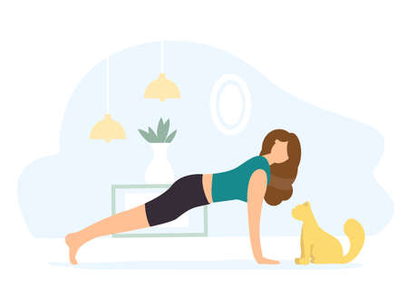 Woman in blue t-shirt and black pants practices yoga at home with a cat in a plank pose. Flat style character vector illustration on green background.のイラスト素材