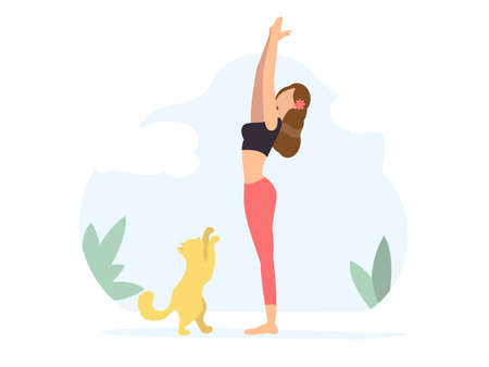 Woman in black t-shirt and red pants practices yoga at home with a cat in a crescent moon posture. Flat style character vector illustration on blue background.のイラスト素材