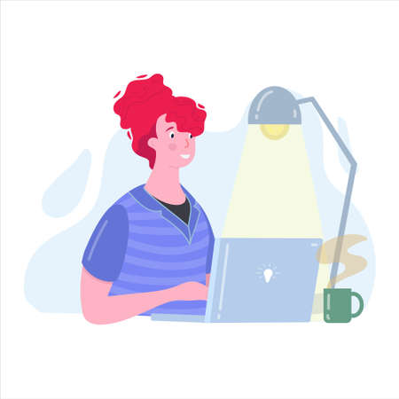 Woman sitting in front of the computer and workingのイラスト素材