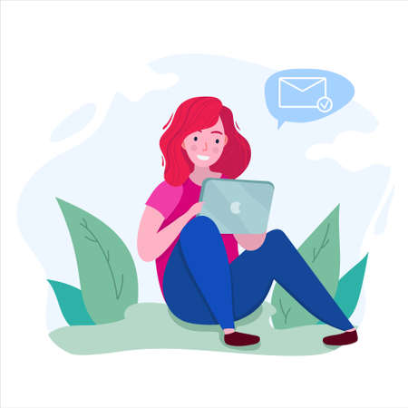 girl sit with a tablet on the ground in a parkのイラスト素材