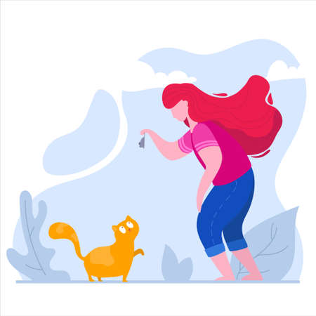 Girl plays with a cat in a park on nature.のイラスト素材