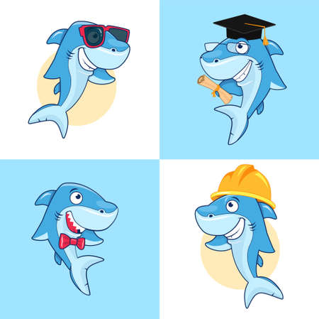 Cute cartoon shark in different poses. Vector clip art illustration with simple gradients. Each on a separate layer.のイラスト素材