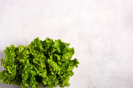 Fresh lettuce leaves on gray concrete background, flat lay, place for textの写真素材