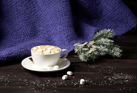 This photo shows a knitted purple plaid, a cup of hot coffee with marshmallows and tree branches on...