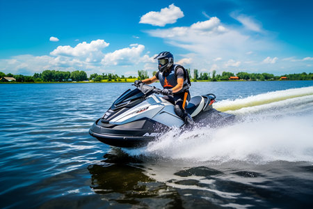 A man on a jet ski rides on the riverの素材