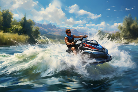 A man rides a jet ski on the waves, illustrationの素材