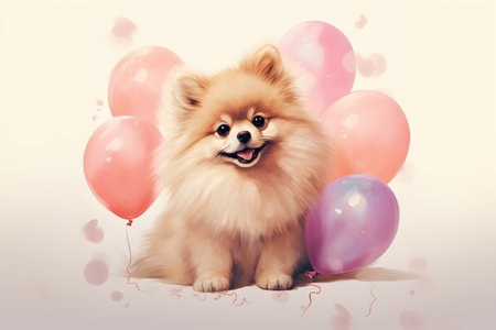 Cream spitz sitting with balloons on beige background, watercolor illustration. Generated AIの素材