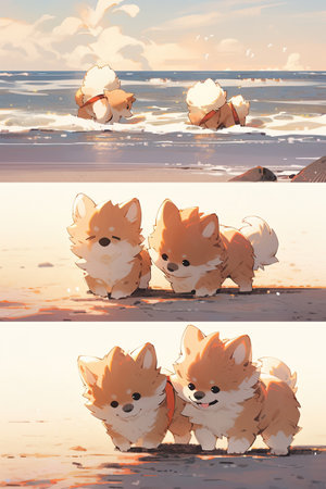 Little puppies playing on the seashore, set of anime illustrations. Generated AIの素材