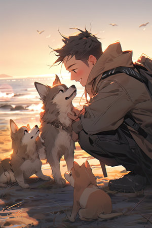 Teenager playing on the seashore with three puppies. Generated AIの素材