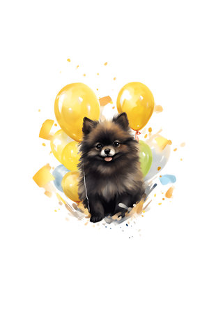Pomeranian sits with yellow balloons on a white background. Generated AIの素材