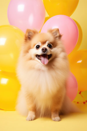 Cream pomeranian sitting with balloons on a yellow background, vertical orientation. Generated AIの素材