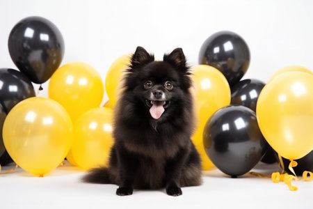 A black pomeranian sits with black and yellow balloons on a white background. Generated AIの素材