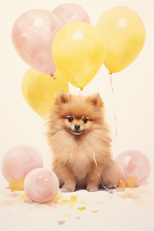 Cream pomeranian sitting with yellow and pink balloons on beige background, watercolor illustration. Generated AIの素材