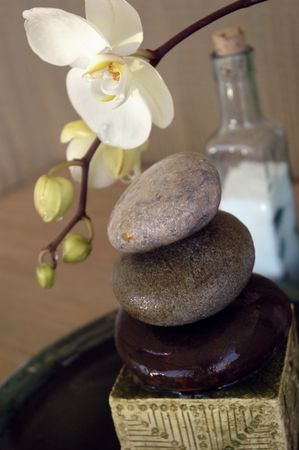 Spa objects: orchid, water, stones, and a bottle of sea salt.の写真素材