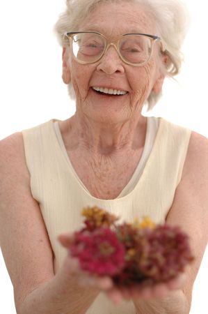 Mature woman in her eighties smiling cupping flowers with her hands. Photographed on white.