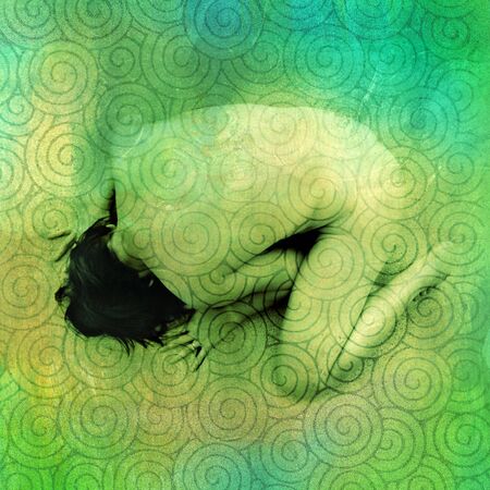 The back of an an anonymous nude woman bowing into the ground with spiral pattern. Photo based illustration. の写真素材