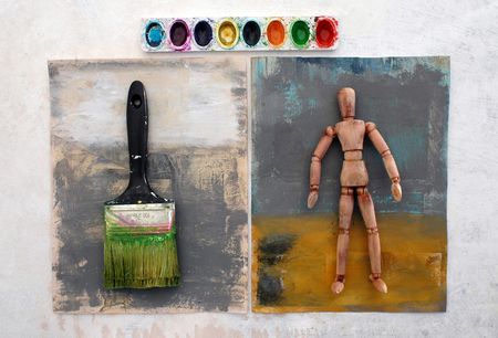 Still life with painted surfaces. Artist tools. の写真素材