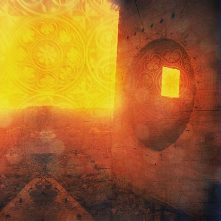 Odd ruin with round and square window. Mandala overlay. Photo based illustration. の写真素材