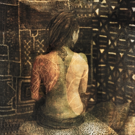 Female figure with tattoos and body marking overlays の写真素材