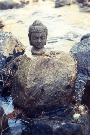 Buddha on a boulder in the river  の写真素材
