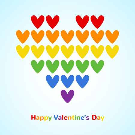 Big heart made of rainbow flag colors hearts. Happy Valentines Day vector card with greetings.のイラスト素材