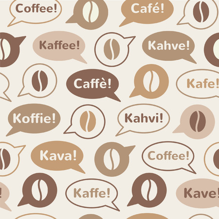 Coffee seamless vector pattern. Speech bubbles with word "coffee" in different languages.のイラスト素材